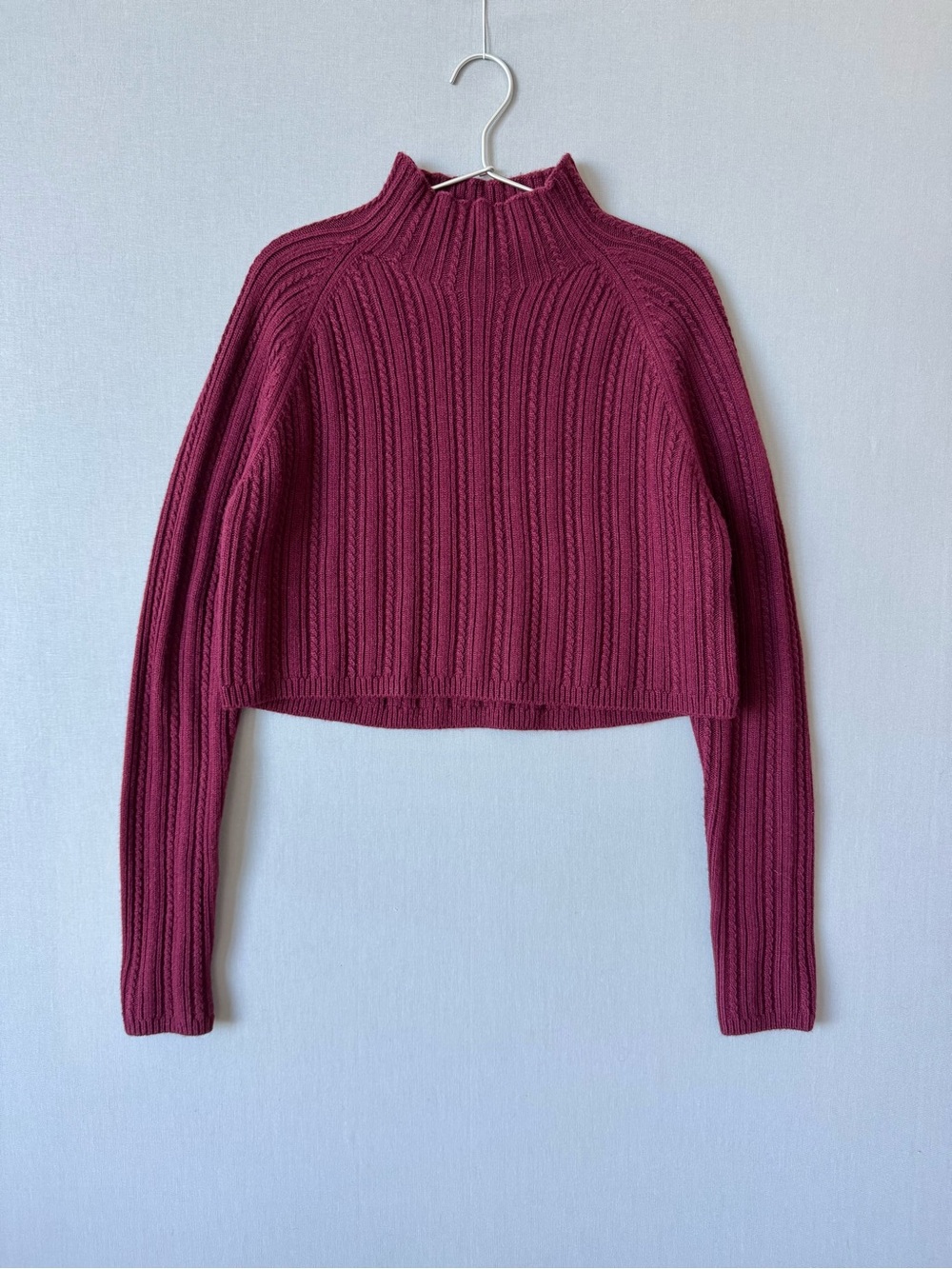 Maje Cropped Cable Knit Mock Neck Sweater with Extra Long Sleeves - Size 38